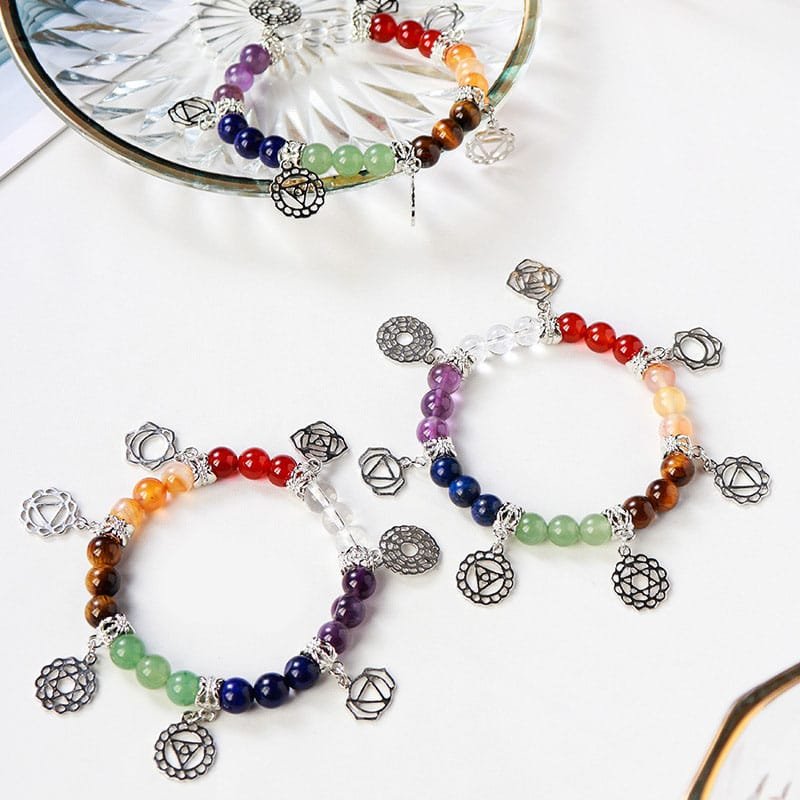 Natural Chakra Bead Bracelet with Metal Chakra Charms Wholesale 0.31 in (0.8 cm) - 2