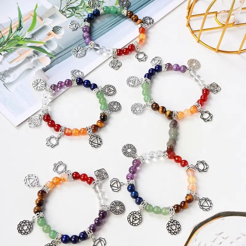 Natural Chakra Bead Bracelet with Metal Chakra Charms Wholesale 0.31 in (0.8 cm) - 3