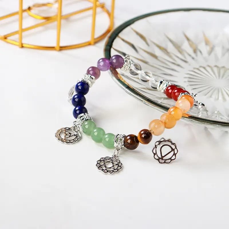 Natural Chakra Bead Bracelet with Metal Chakra Charms Wholesale 0.31 in (0.8 cm)