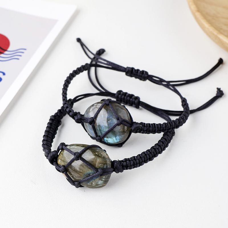 Natural Labradorite Tumbled Stone Braided Bracelet Wholesale 0.79-1.18 in (2-3 cm) - 2