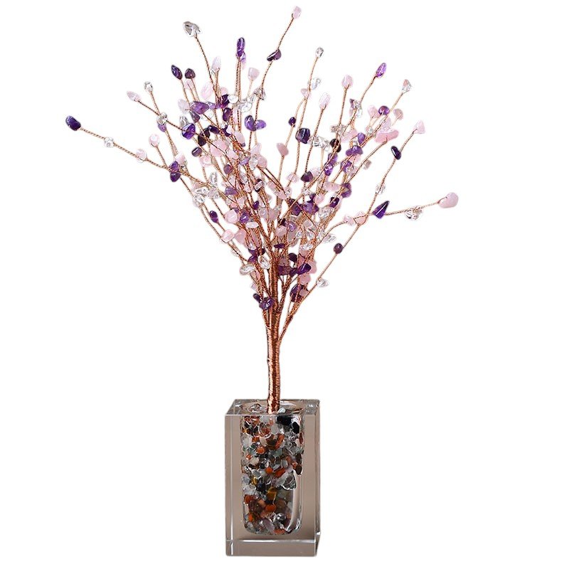 Amethyst, Rose Quartz and Clear Quartz Chip Tree with Glass Base 12.20 in Wholesale