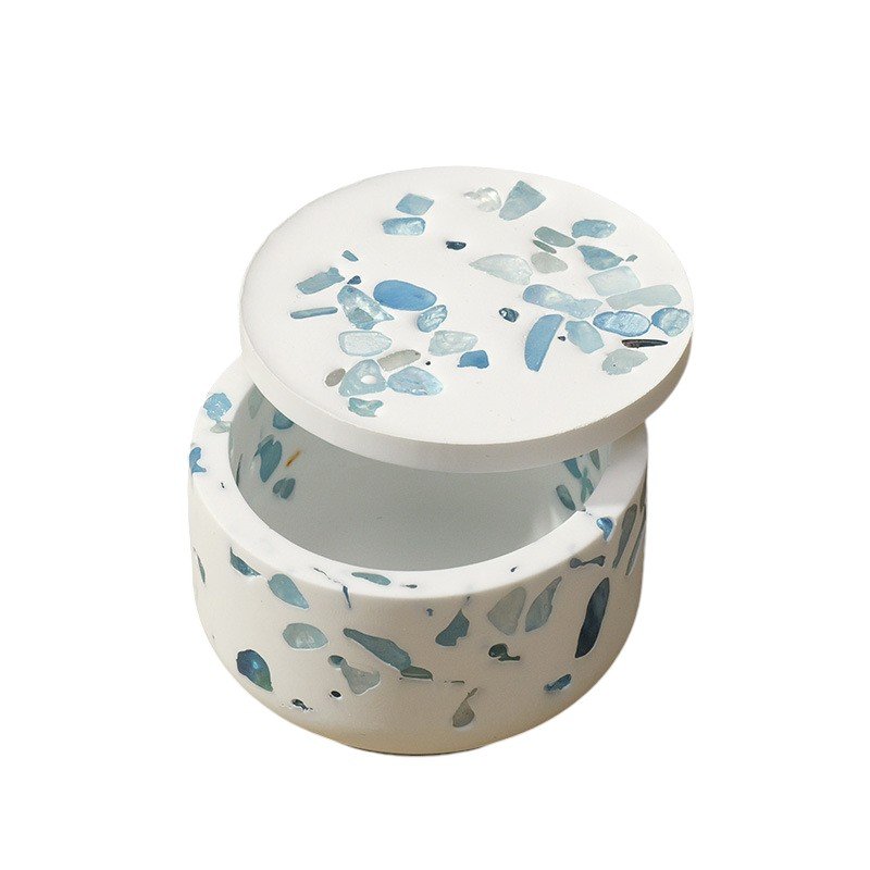 Natural Aquamarine Chip-Inlaid White Gypsum Lidded Bowl Wholesale 2.20 in (5.6 cm)