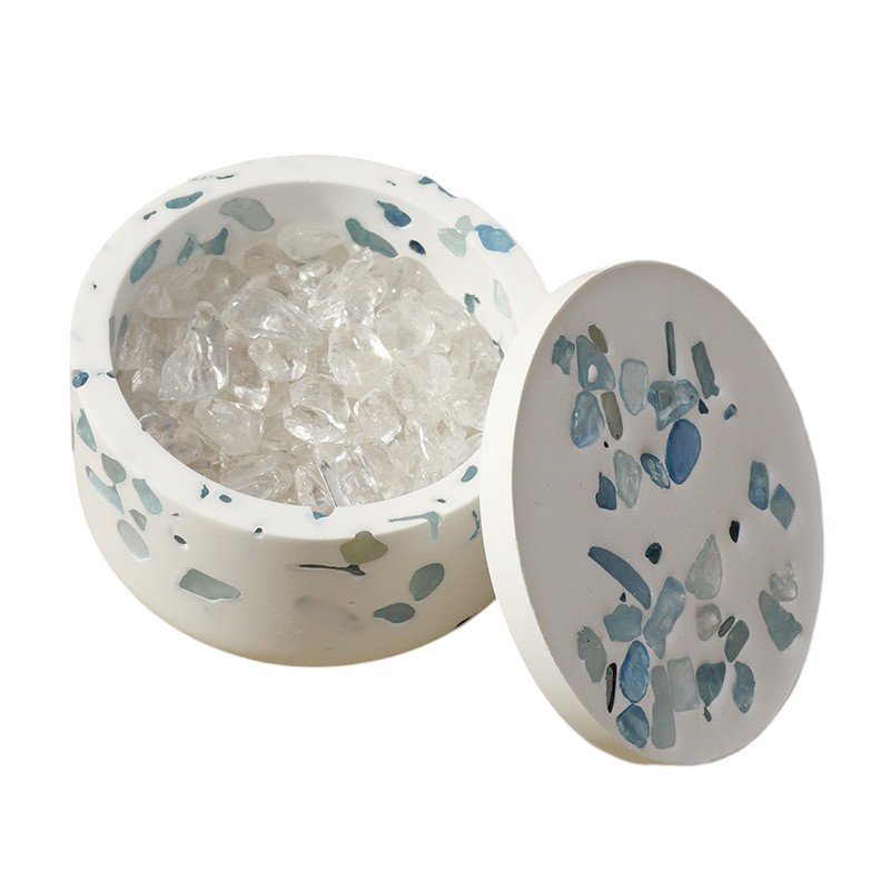 Natural Aquamarine Chip-Inlaid White Gypsum Lidded Bowl Wholesale 2.20 in (5.6 cm) - 1