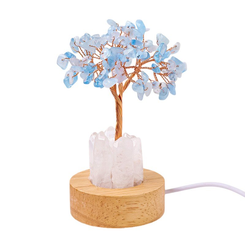 Aquamarine Chip Tree on Wooden Base 5.70 in