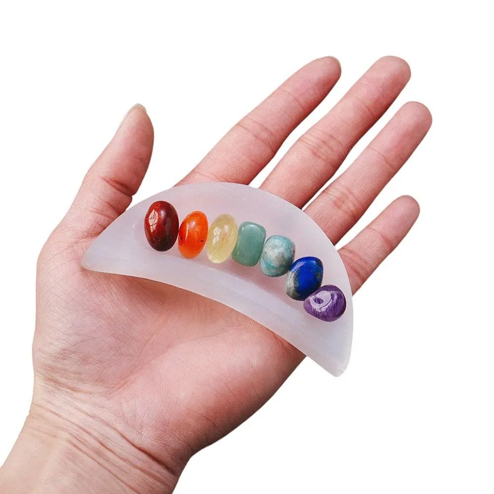 Natural White Gypsum Moon Bowl with 7 Mixed-Color Tumbled Stones Wholesale 3.90 in (10 cm) - 1