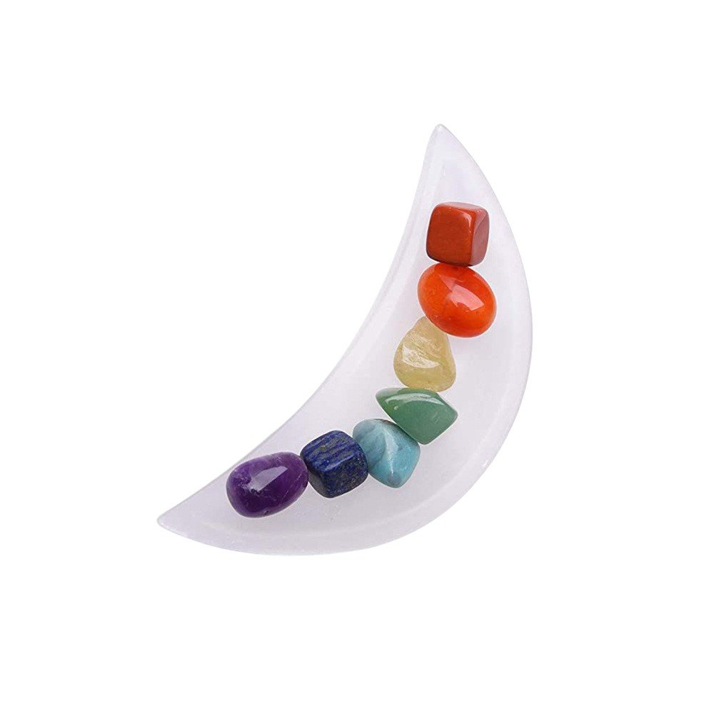Natural White Gypsum Moon Bowl with 7 Mixed-Color Tumbled Stones Wholesale 3.90 in (10 cm)