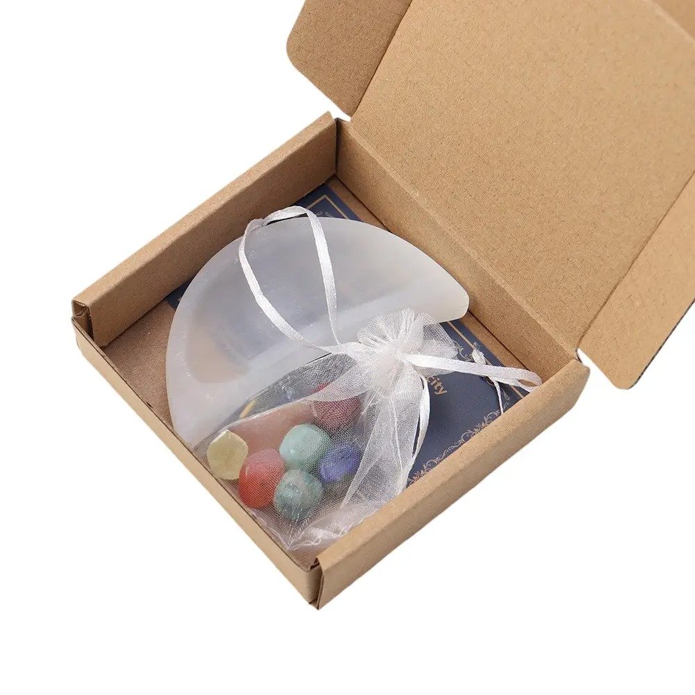 Natural White Gypsum Moon Bowl with 7 Mixed-Color Tumbled Stones Wholesale 3.90 in (10 cm) - 2