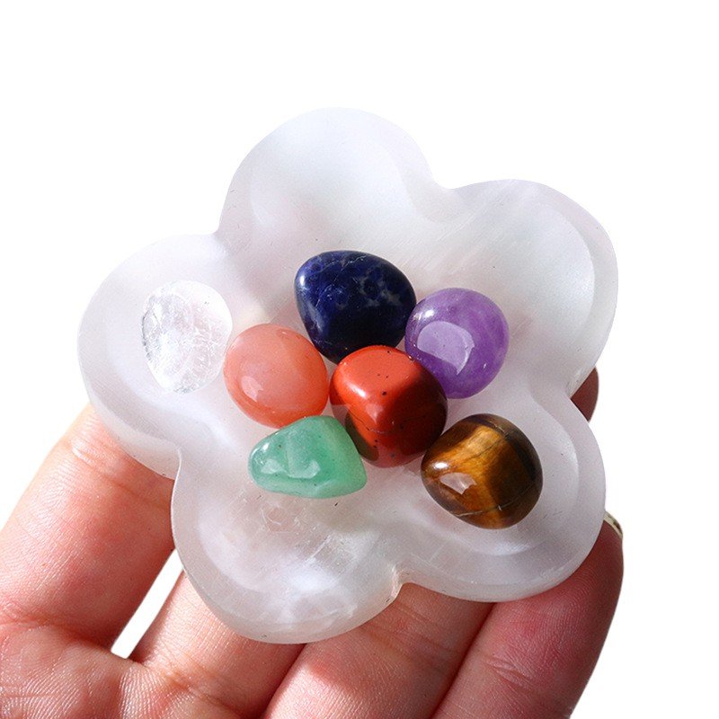 Natural White Gypsum Flower Bowl with 7 Chakra Tumbled Stones Wholesale 2.60 in (6.5 cm)