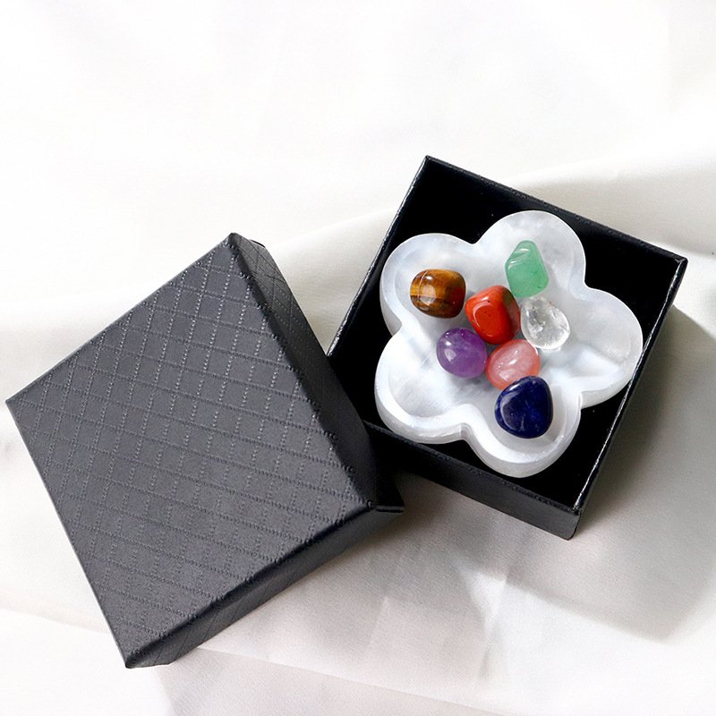 Natural White Gypsum Flower Bowl with 7 Chakra Tumbled Stones Wholesale 2.60 in (6.5 cm) - 1