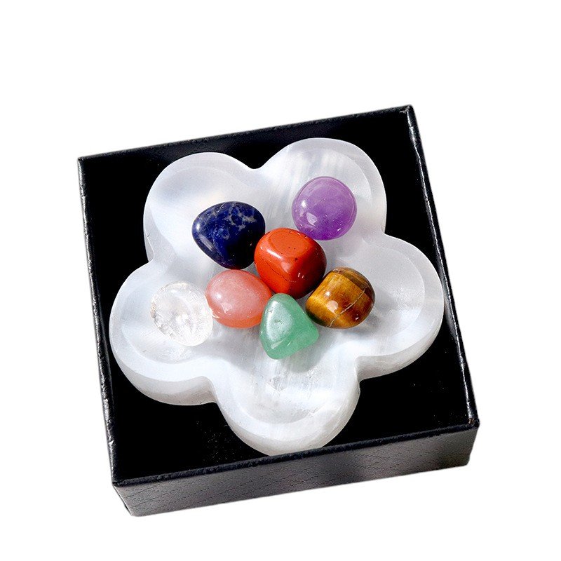 Natural White Gypsum Flower Bowl with 7 Chakra Tumbled Stones Wholesale 2.60 in (6.5 cm) - 2
