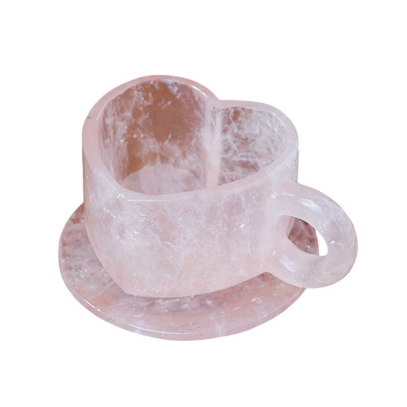 Natural Rose Quartz Heart-Rim Cup with Handle and Coaster Wholesale 3.90 in (10 cm)