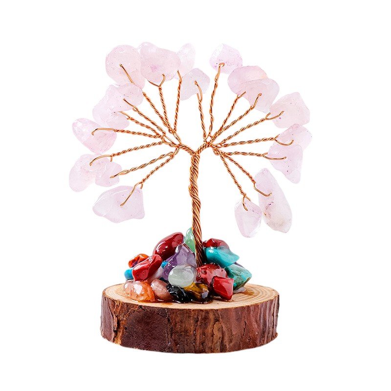 Rose Quartz Chip Tree on Wooden Base 2.40 in