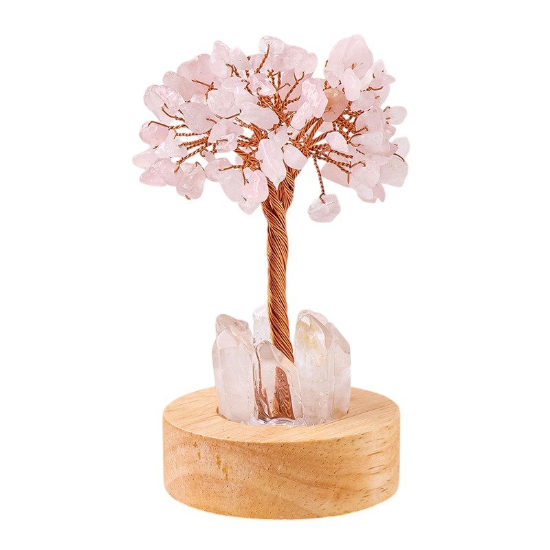 Rose Quartz Chip Tree on Wooden Base 5.70 in
