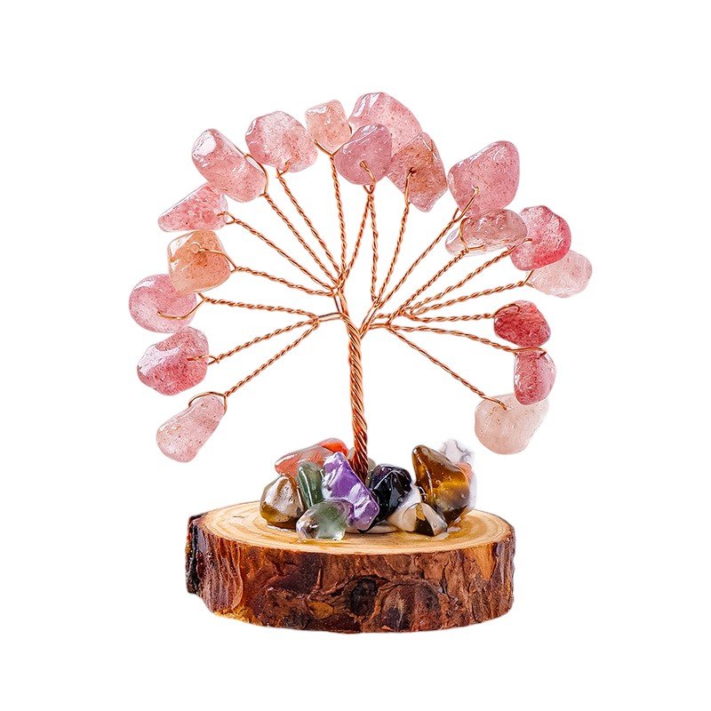 Strawberry Quartz Chip Tree on Wooden Base 2.40 in