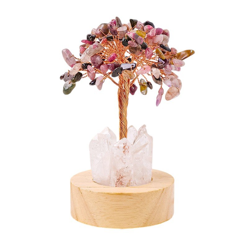 Tourmaline,Clear Quartz Chip Tree on Wooden Base 5.70 in