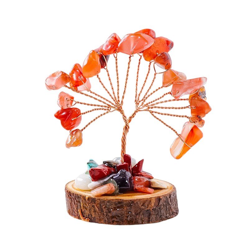 Red Agate Chips with Mixed Crystals Base Chip Tree on Wooden Base 2.40 in