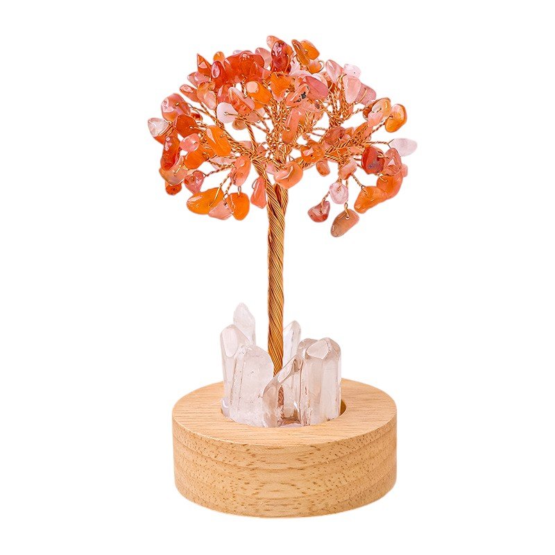 Clear Quartz,Red Agate Chip Tree on Wooden Base 5.70 in