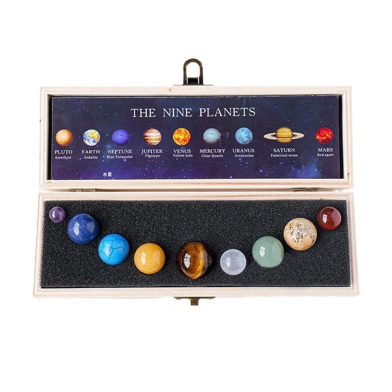 Natural Solar System Nine Planets Crystal Sphere Set in Wooden Box Wholesale
