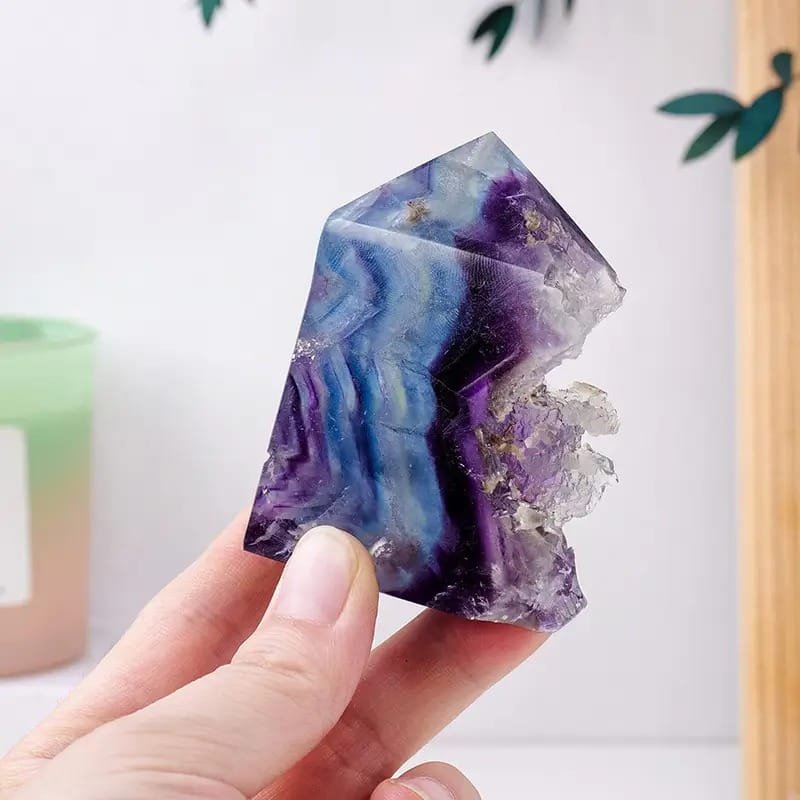 Colorful Fluorite Four-sided Crystal Tower with Natural Stone Skin Wholesale