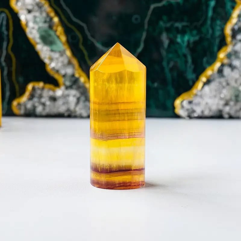 Natural Yellow Fluorite Round Crystal Tower Wholesale