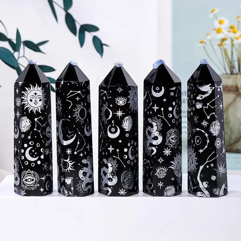 5 Size of Black Obsidian Crystal Tower with Star, Moon, and Sun Silver Patterns Wholesale