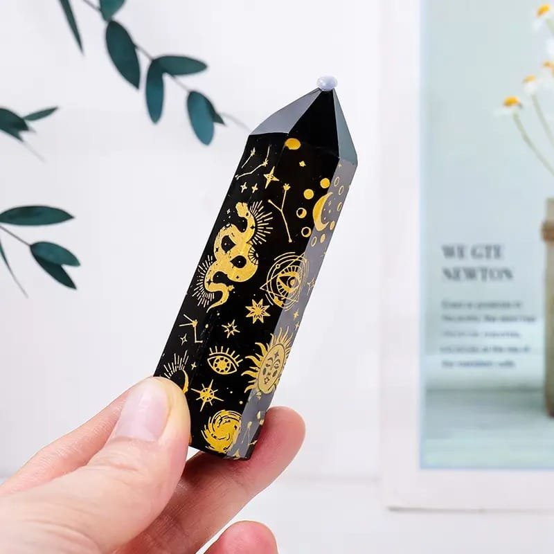 5 Sizes of Gold Black Obsidian Crystal Tower with Star, Moon, and Sun Patterns Wholesale