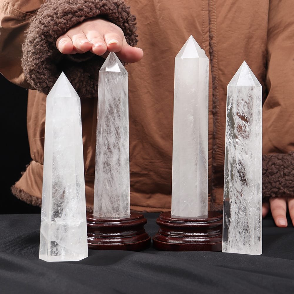 Natural Clear Quartz Point with Wooden Base Wholesale 7.87-8.66 in (20-22 cm) - 2