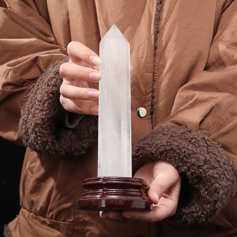 Natural Clear Quartz Point with Wooden Base Wholesale 7.87-8.66 in (20-22 cm)