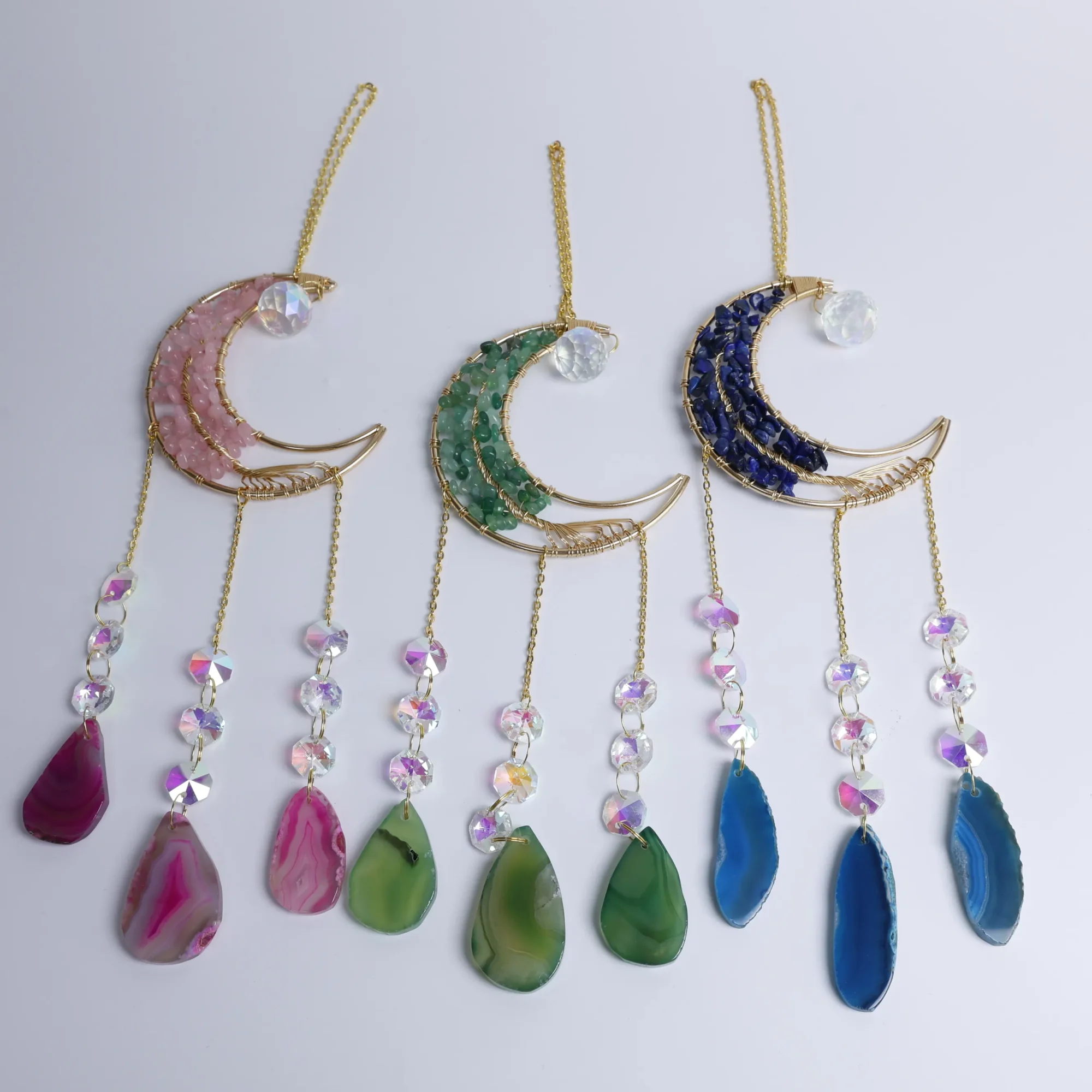 3-Color Moon Crystal Chips Agate Slice Wind Chimes 15 in (3 Agate Slices per Chime) - 1