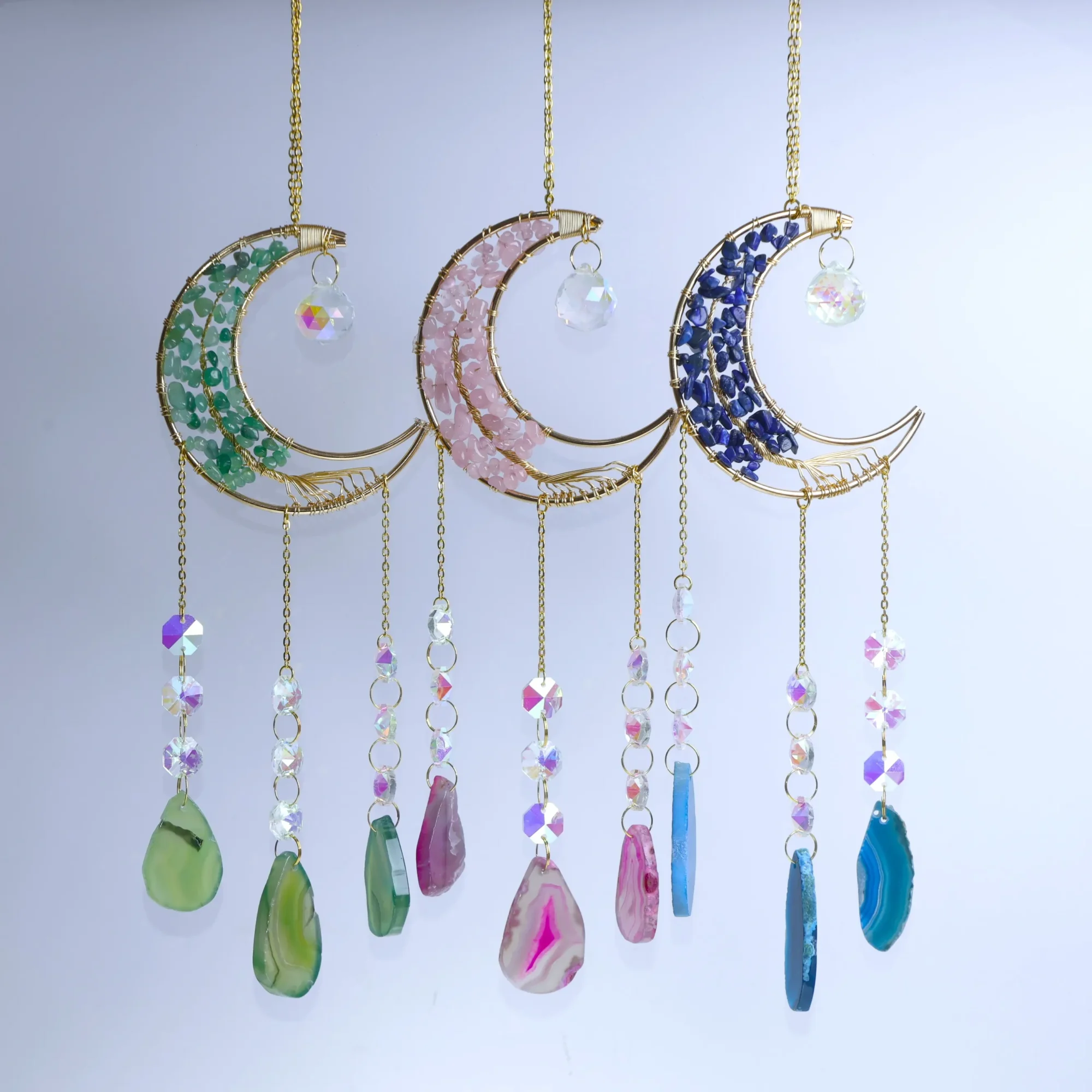 3-Color Moon Crystal Chips Agate Slice Wind Chimes 15 in (3 Agate Slices per Chime)