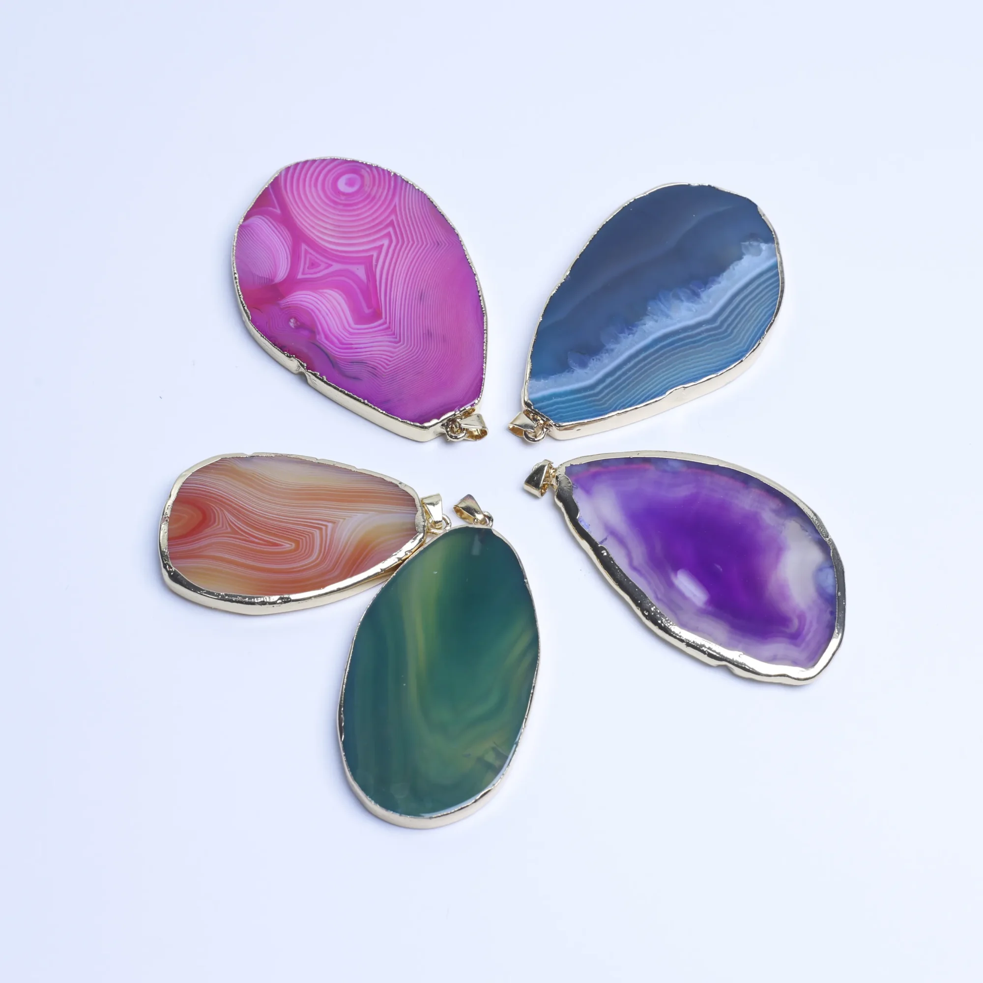 5-Color Agate Slice Pendant with Gold-Plated Edge