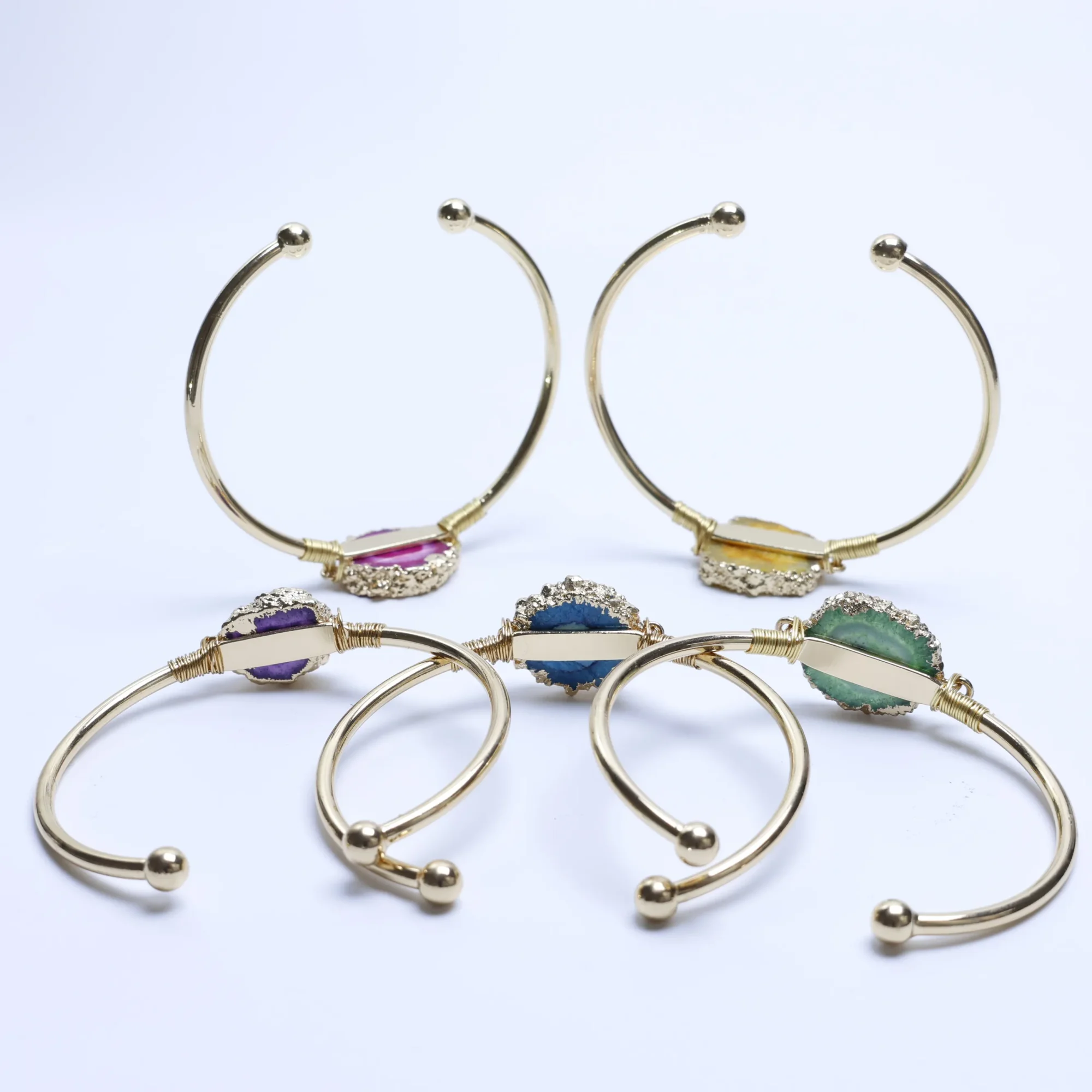 5-Color Wire-Wrapped Dyed Agate Geode Slice Cuff Bracelet - 1