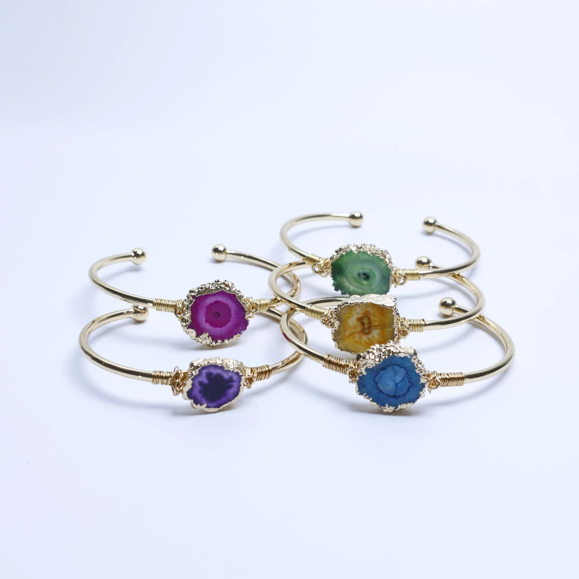 5-Color Wire-Wrapped Dyed Agate Geode Slice Cuff Bracelet