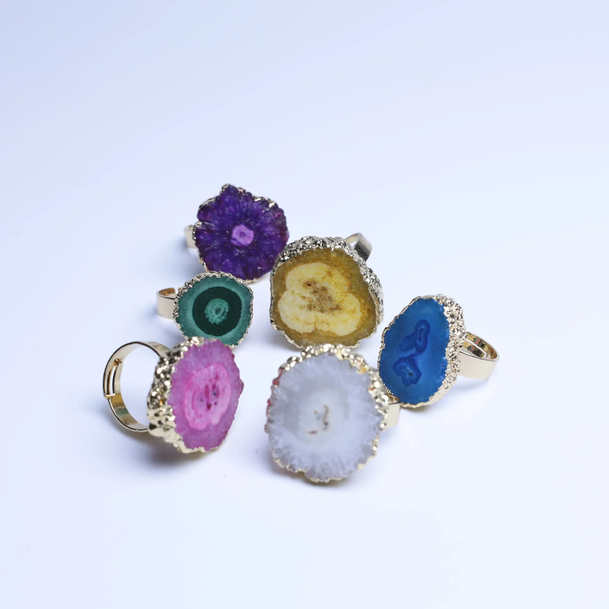 6-Color Dyed Agate Geode Slice Adjustable Ring with Gold-Plated Edge