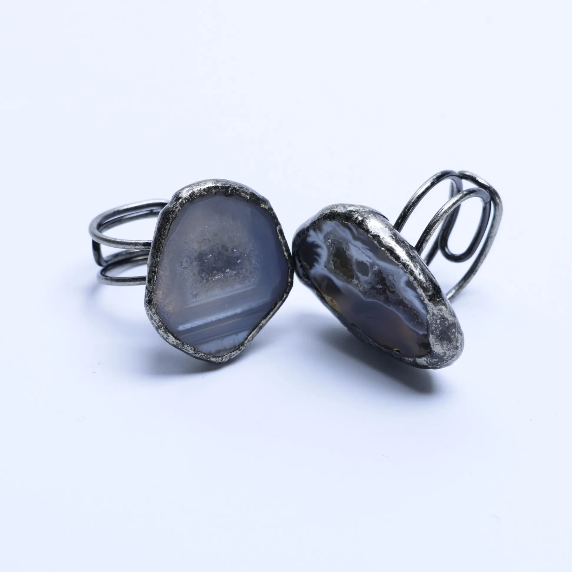 Agate Geode Druzy Slice Adjustable Ring Silver Finish Edge