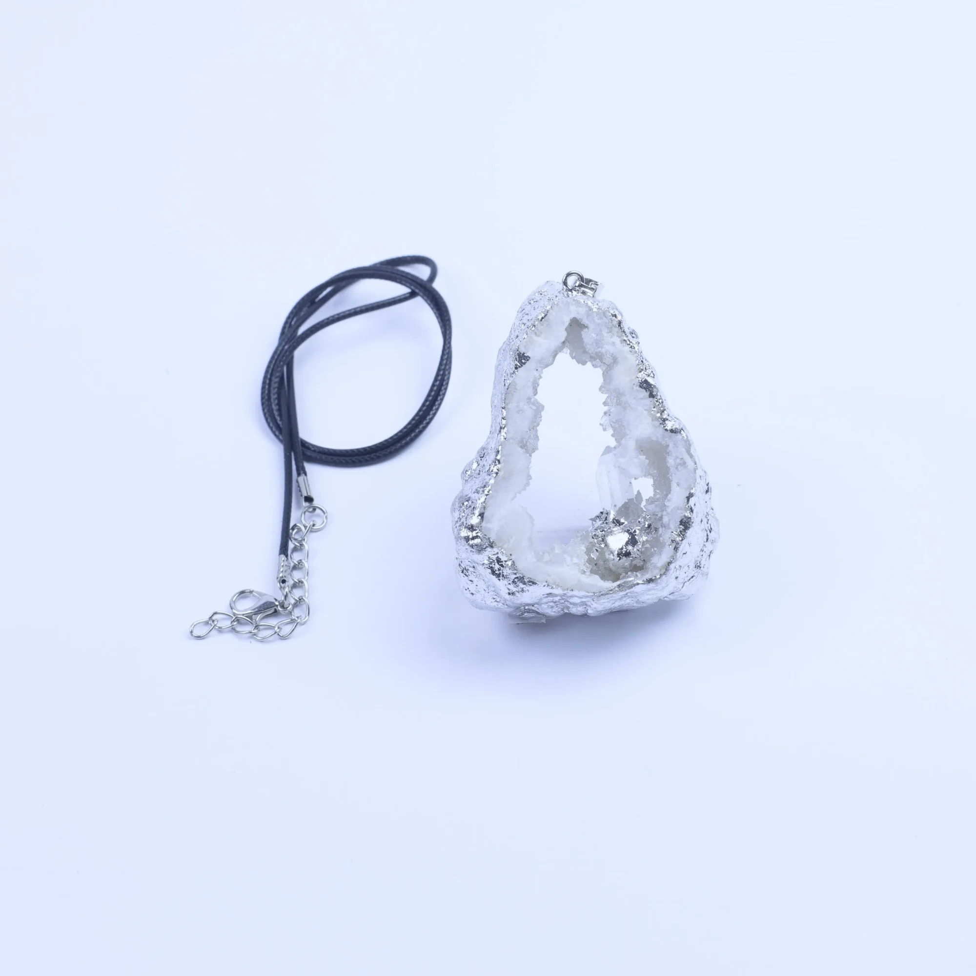Agate Geode Slice Pendant with Silver-Plated Edge & Inlaid Crystal - White