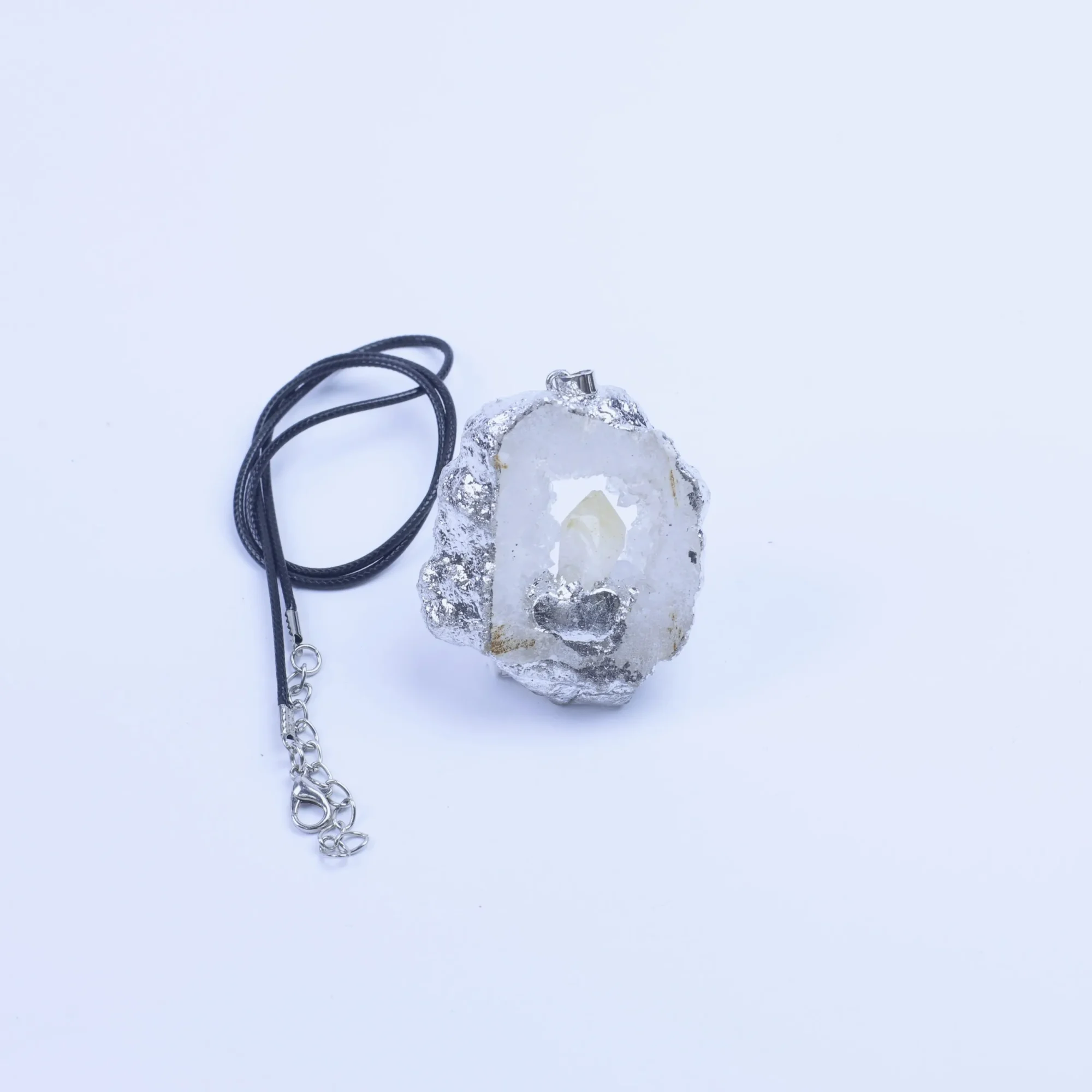 Agate Geode Slice Pendant with Silver-Plated Edge & Inlaid Crystal - Black