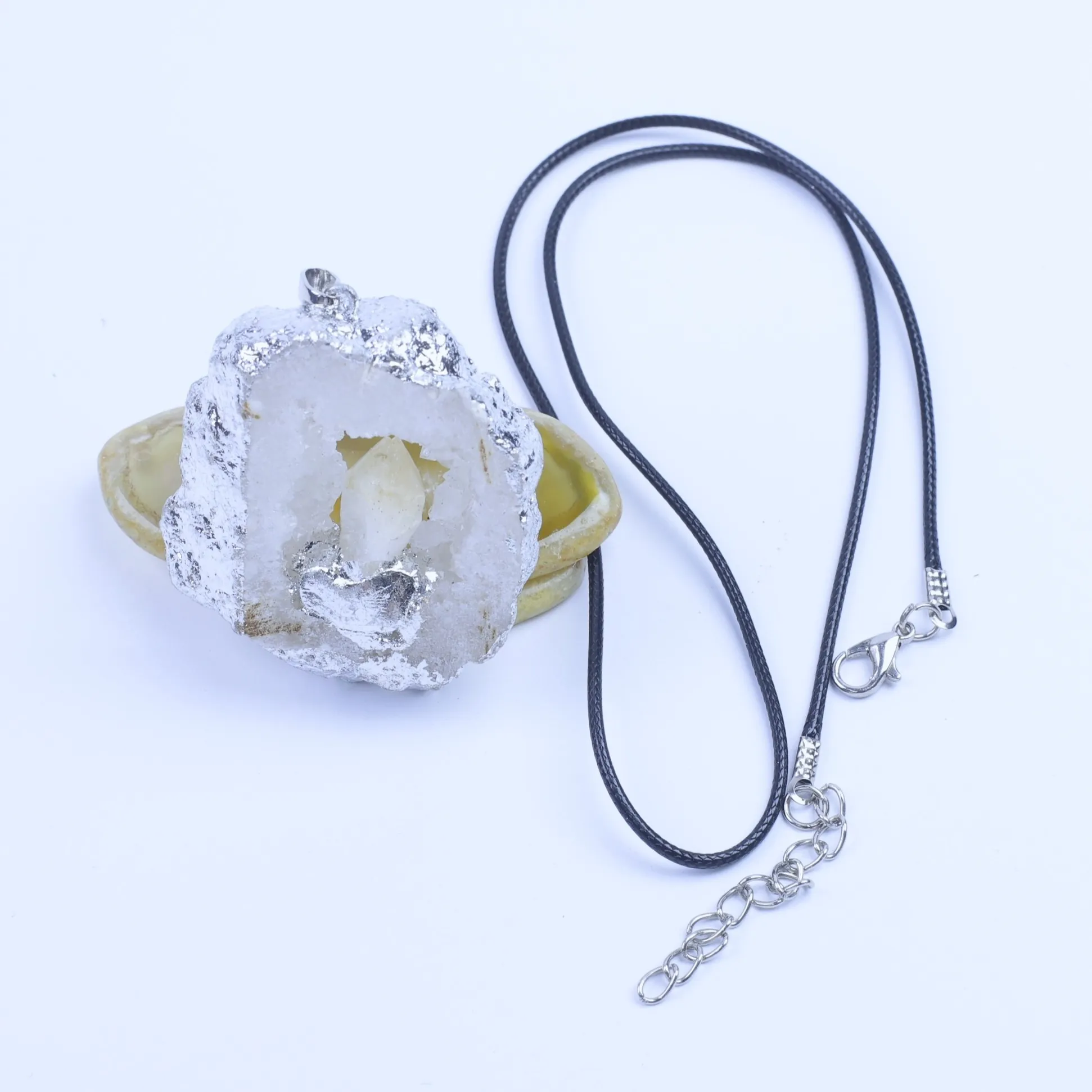 Agate Geode Slice Pendant with Silver-Plated Edge & Inlaid Crystal - 2
