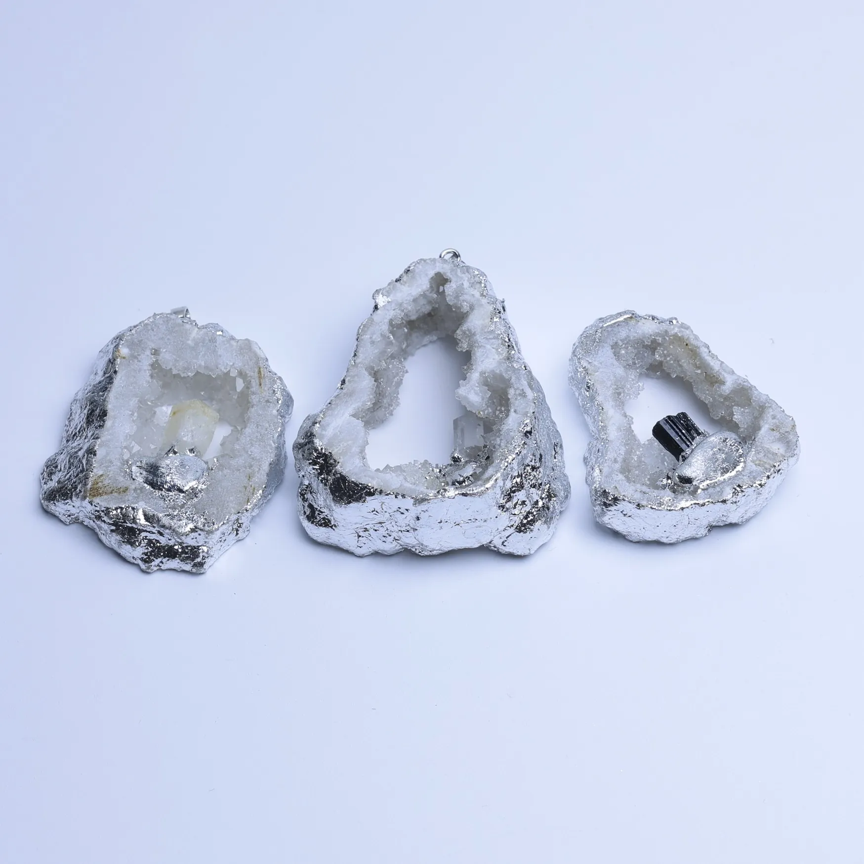 Agate Geode Slice Pendant with Silver-Plated Edge & Inlaid Crystal