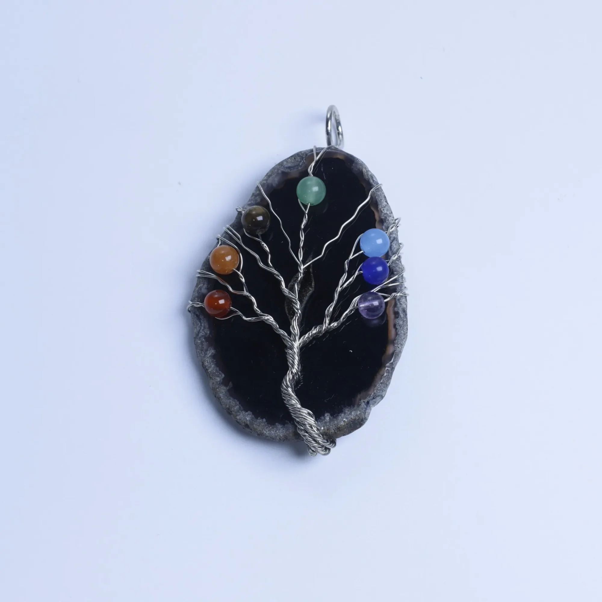6-Color Tree of Life Agate Slice Pendant - Black