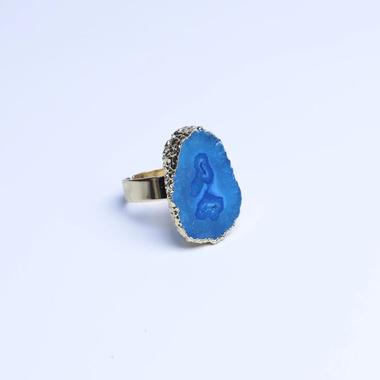 6-Color Dyed Agate Geode Slice Adjustable Ring with Gold-Plated Edge - Blue
