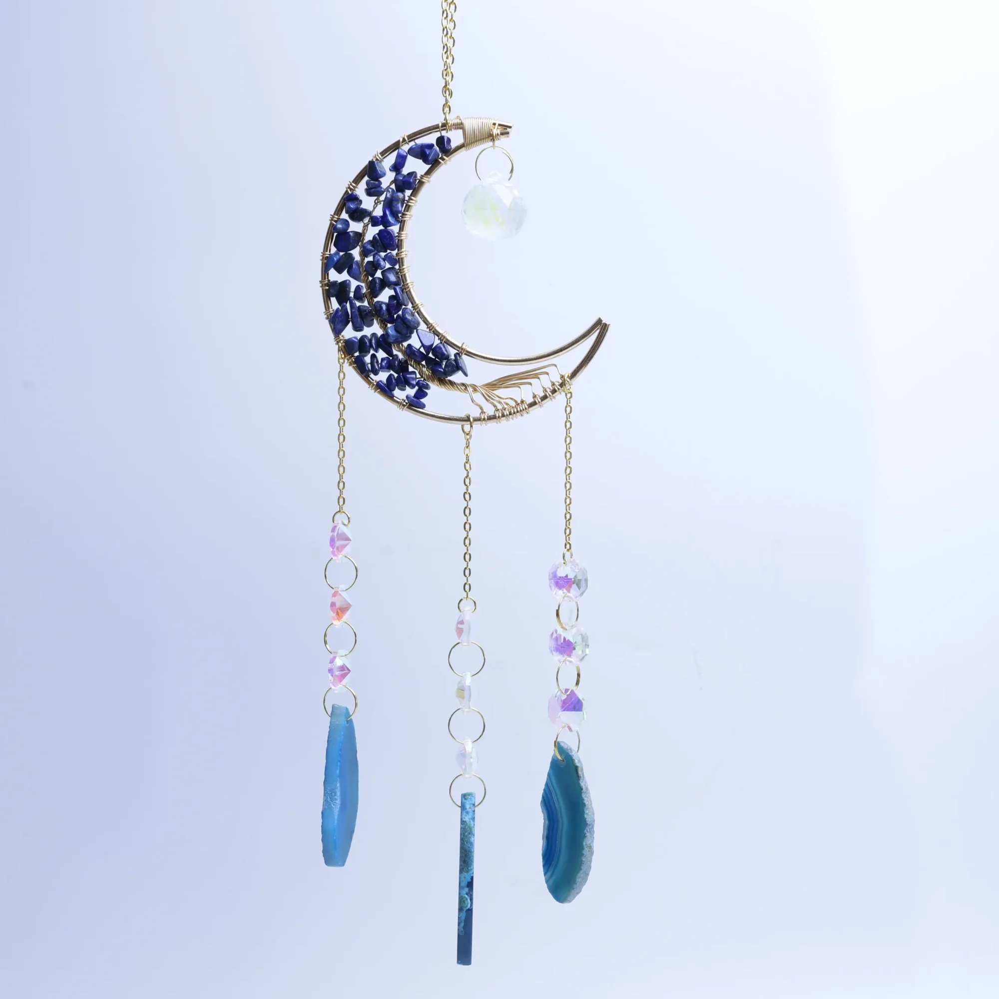 3-Color Moon Crystal Chips Agate Slice Wind Chimes 15 in (3 Agate Slices per Chime) - Blue