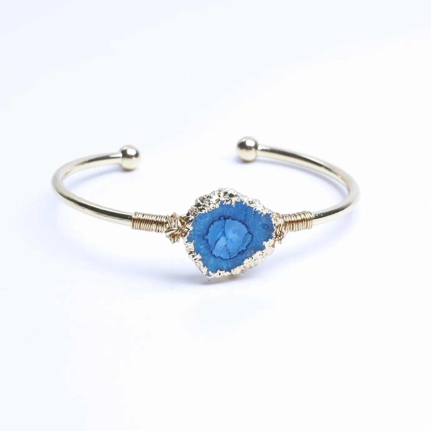 5-Color Wire-Wrapped Dyed Agate Geode Slice Cuff Bracelet - Blue
