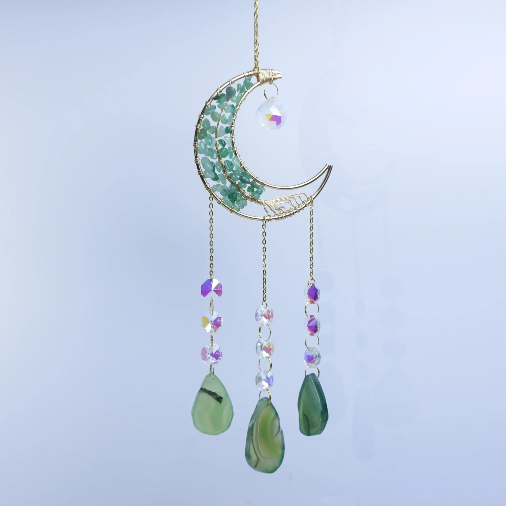 3-Color Moon Crystal Chips Agate Slice Wind Chimes 15 in (3 Agate Slices per Chime) - Green