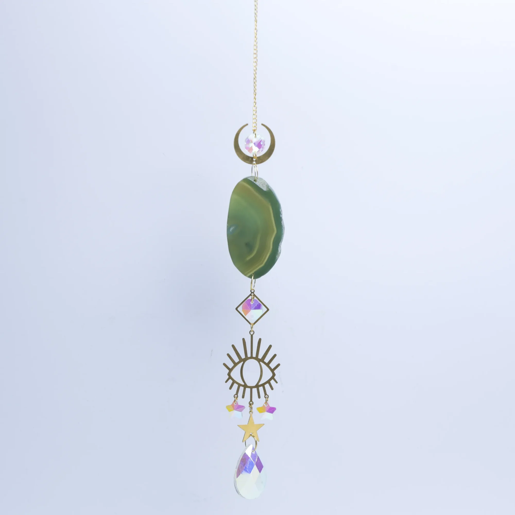 5-Color Single Agate Slice Celestial Crystal Wind Chimes 15.7 in - Green