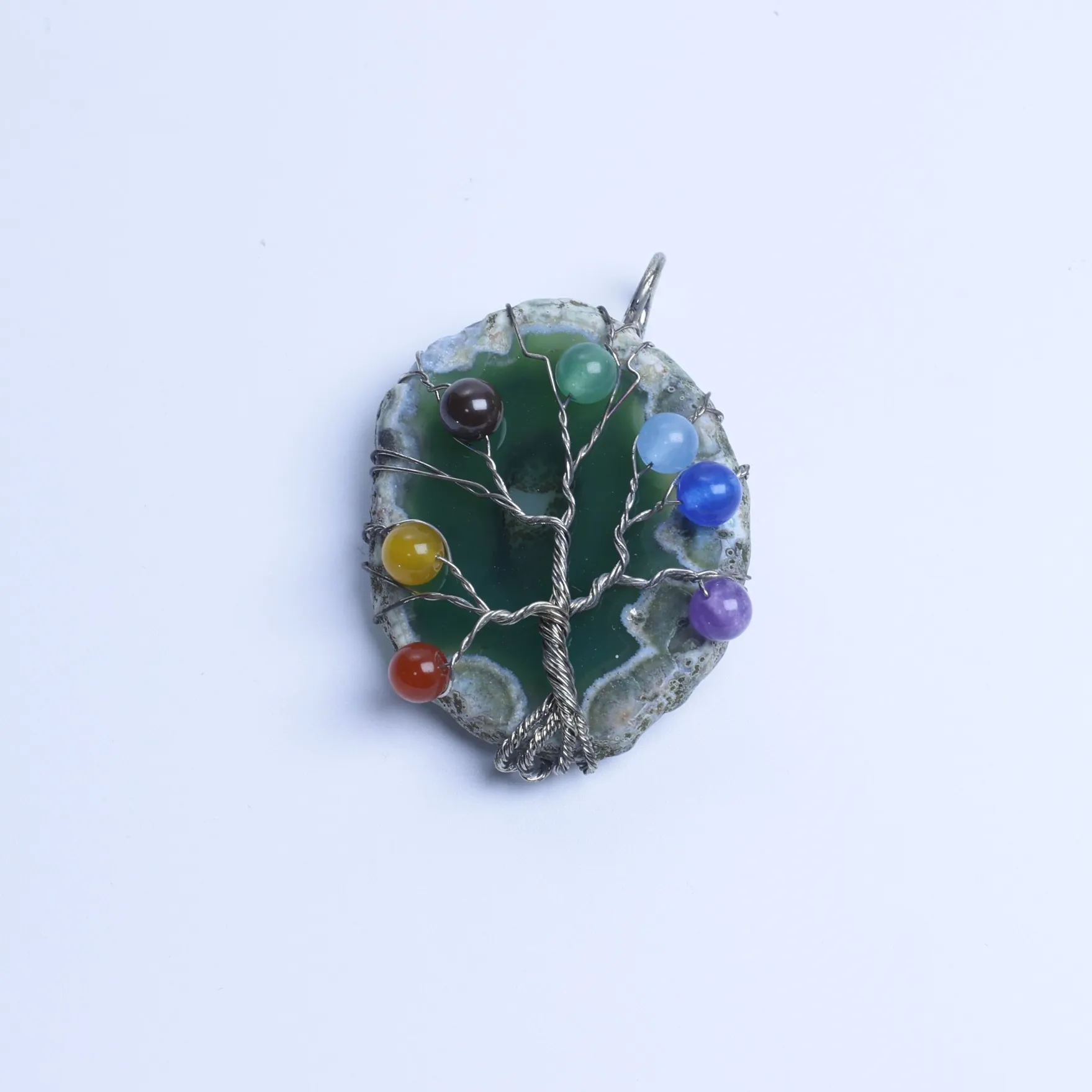 6-Color Tree of Life Agate Slice Pendant - Green