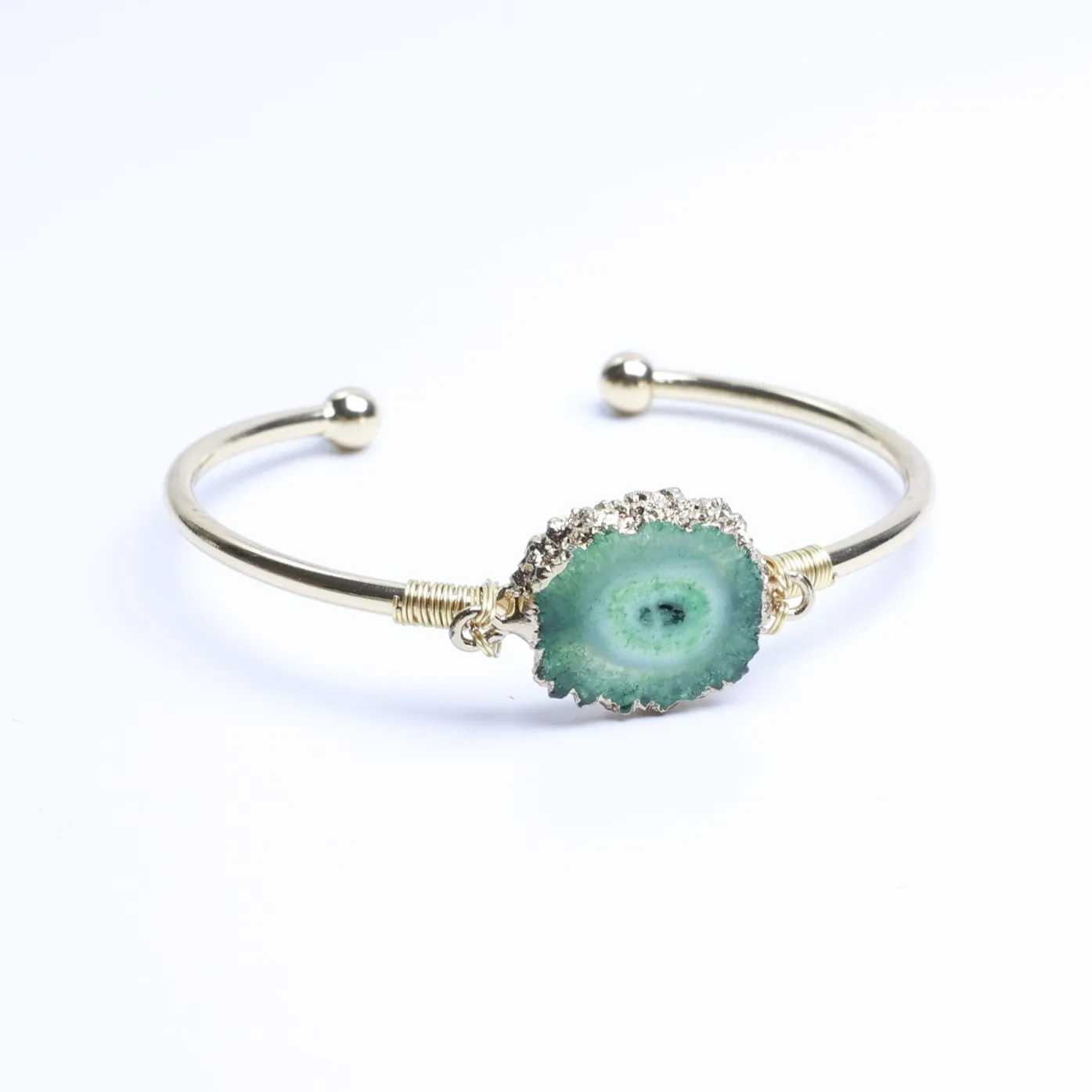 5-Color Wire-Wrapped Dyed Agate Geode Slice Cuff Bracelet - Green
