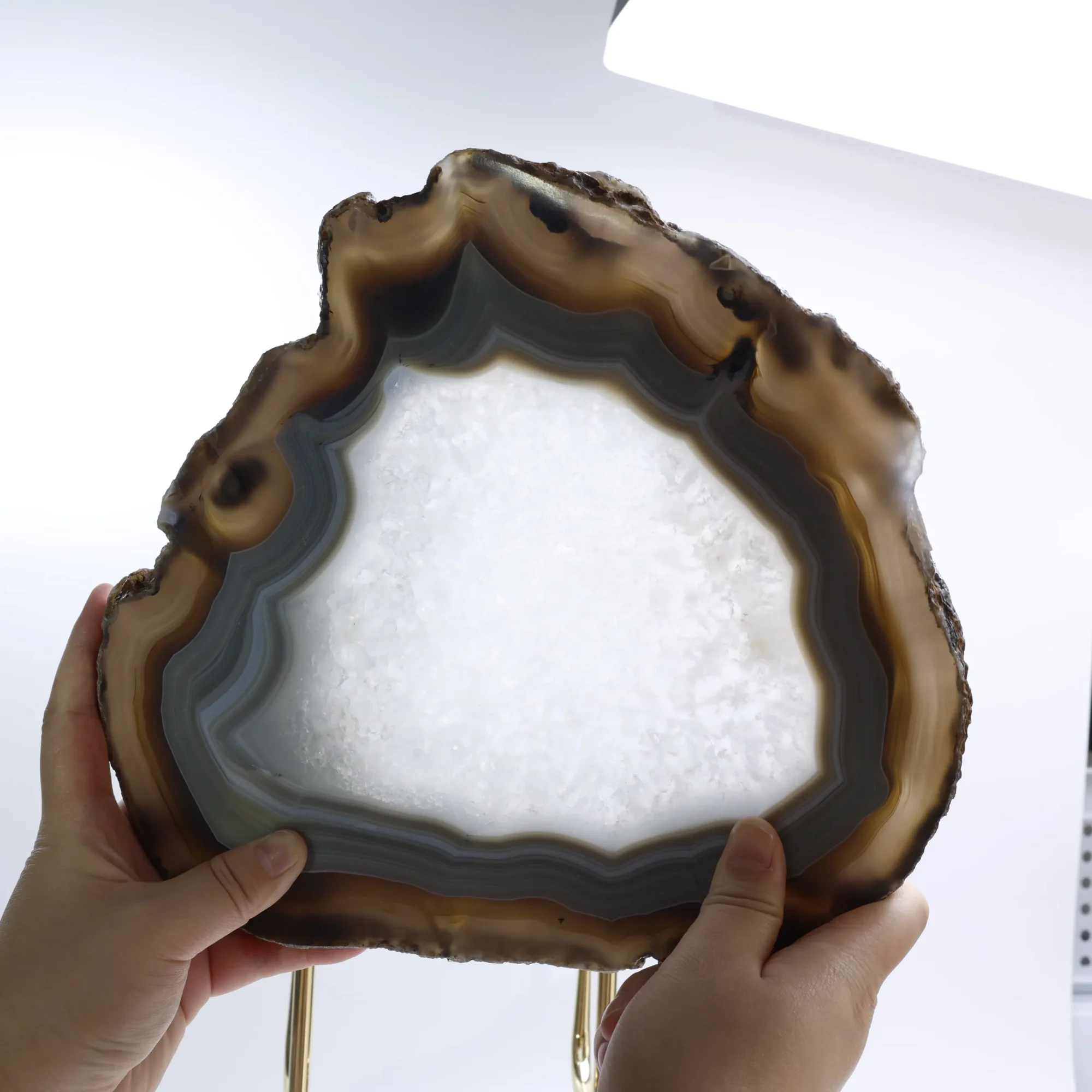 Large Natural Brazilian Agate Slice Display Specimen on Metal Stand (11 x 9.4 in) - 1