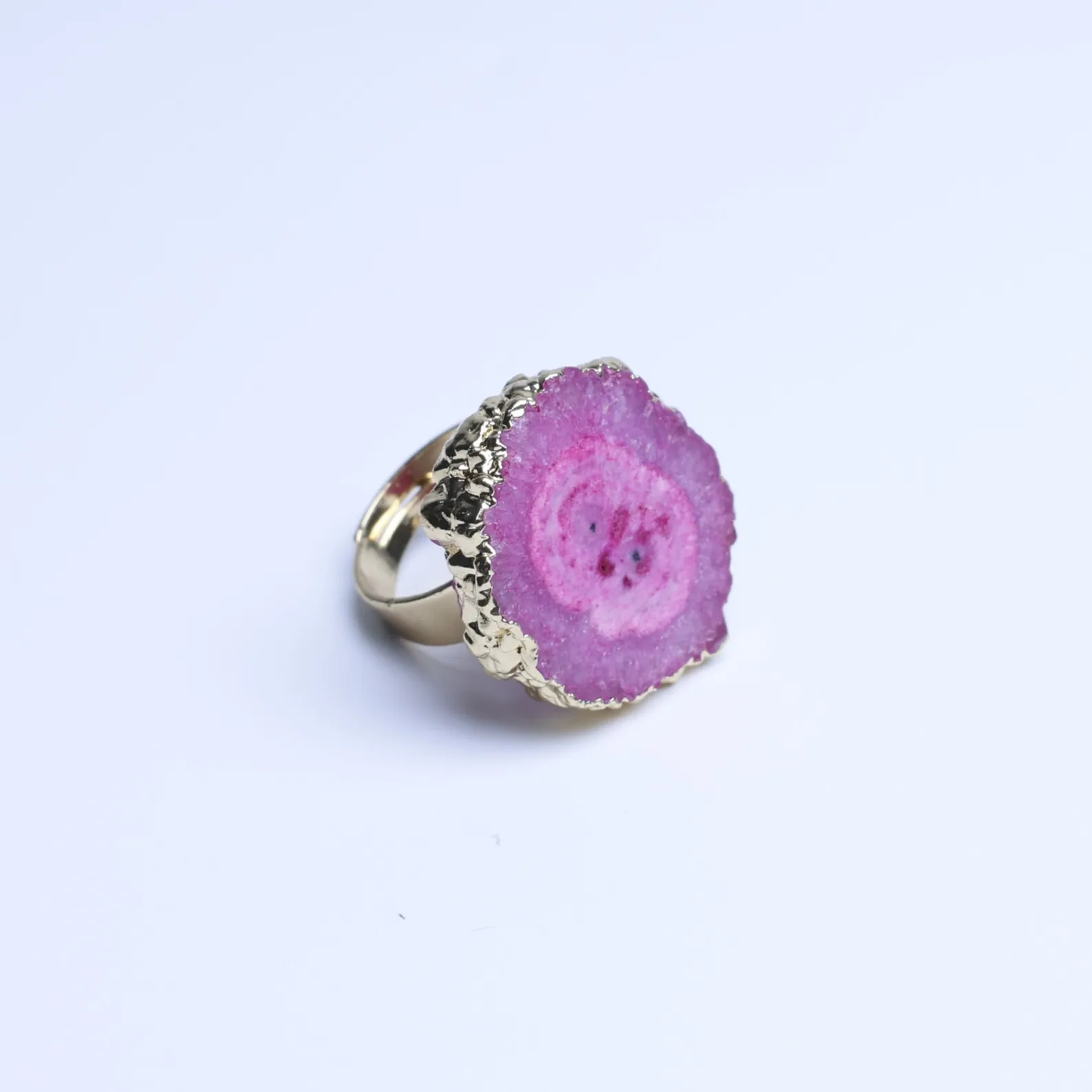 6-Color Dyed Agate Geode Slice Adjustable Ring with Gold-Plated Edge - Magenta