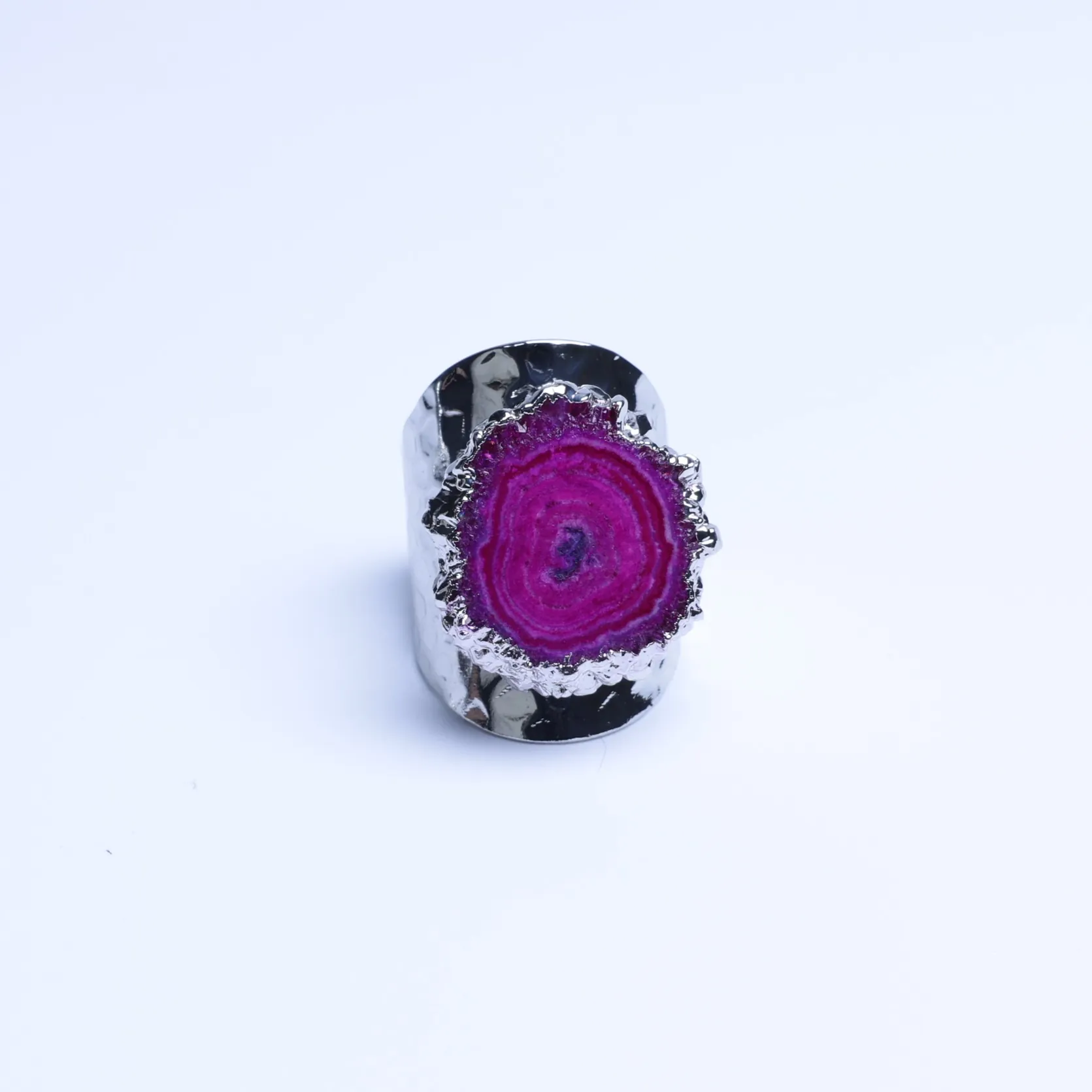 7-Color Agate Geode Druzy Slice Adjustable Statement Ring - Magenta